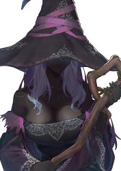 1girl absurdres bare_shoulders black_dress breasts cleavage closed_mouth collarbone commentary dark-skinned_female dark_skin dress elden_ring elden_ring_nightreign english_commentary hat hat_over_eyes highres holding holding_staff large_breasts large_hat long_hair off-shoulder_dress off_shoulder patatatan purple_hat purple_sleeves recluse_(elden_ring) simple_background solo staff transparent_background upper_body very_dark_skin white_hair witch witch_hat wooden_staff