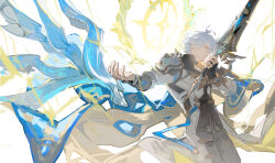 1boy absurdres antenna_hair armor black_choker black_gloves black_pants black_shirt blue_cape blue_eyes cape chinese_commentary choker coat commentary_request dichlorvos fingerless_gloves from_side gloves halo halo_behind_head highres holding holding_sword holding_weapon honkai:_star_rail honkai_(series) looking_to_the_side male_focus pants pauldrons phainon_(honkai:_star_rail) shirt short_hair shoulder_armor simple_background single_glove single_pauldron solo sword thigh_strap weapon white_background white_coat white_hair yellow_halo