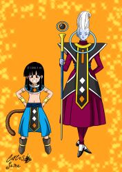 1boy 1girl absurdres armlet black_hair boots bracer brown_footwear choker collarbone dragon_ball dragon_ball_gt dragon_ball_super earclip full_body hakaishin hands_on_own_hips highres holding holding_staff jewelry loli midriff monkey_tail navel pan_(dragon_ball) solidcharles staff tail whis white_hair