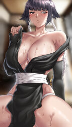1girl absurdres bare_shoulders black_hair bleach blurry blurry_background breasts collarbone elbow_gloves female_focus fundoshi gloves highres japanese_clothes karasuoshimiya light_blush lips medium_breasts medium_hair spread_legs steam sui-feng sweat