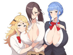 3girls ahoge alternate_costume blue_hair book001art breasts brown_eyes brown_hair commission fire_emblem fire_emblem:_three_houses fire_emblem_fates grey_eyes hair_over_one_eye highres kagero_(fire_emblem) marianne_von_edmund multiple_girls nintendo ophelia_(fire_emblem) ponytail shirt white_shirt