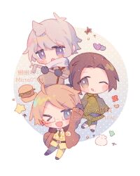 Rule 34 | &gt; o, 3boys, ahoge, america (hetalia), arm up, artist name, axis powers hetalia, bandaged leg, bandages, belt, black belt, black gloves, black shoes, blonde hair, blue background, blue eyes, blush, border, brown coat, brown eyes, brown hair, burger, chibi, chibi only, china (hetalia), closed mouth, coat, collared coat, collared jacket, collared shirt, flower, food, full body, fur-trimmed jacket, fur trim, glasses, gloves, gradient background, green jacket, green necktie, green pants, grey hair, hair between eyes, hand in pocket, heart, highres, holding, holding lead pipe, jacket, lapels, lead pipe, long hair, long sleeves, looking at viewer, low ponytail, male focus, mirta, multiple boys, necktie, one eye closed, open clothes, open jacket, open mouth, outside border, pants, polka dot, polka dot background, ponytail, puffy long sleeves, puffy sleeves, purple eyes, red-framed eyewear, red flower, russia (hetalia), scarf, semi-rimless eyewear, shirt, shoes, short hair, sidelocks, smile, star (symbol), star print, steamed bun, tongue, tongue out, watermark, white border, white scarf, white shirt, wide sleeves, yellow background, yellow jacket, yellow pants