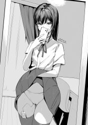 1girl absurdres alone_belm arm_up artist_name cellphone chair choppy_bangs clothes_lift collared_shirt commentary_request cowboy_shot curtains dated desk dress_shirt dutch_angle hair_between_eyes highres holding holding_phone lifting_own_clothes light_blush long_hair looking_at_viewer mirror monochrome neck_ribbon original panties phone pleated_skirt ribbon selfie sex_toy shirt short_sleeves skirt skirt_lift smartphone solo standing straight_hair thighhighs underwear vibrator vibrator_under_clothes vibrator_under_panties watermark watermark_grid window wooden_floor