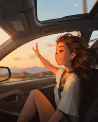 1girl :d bracelet brown_eyes brown_hair car_interior cloud cloudy_sky collar eyewear_hang feet_out_of_frame from_side grin hair_flowing_over highres jewelry knee_up lake motion_blur mountainous_horizon open_mouth original outstretched_hand reflective_surface sam_yang seatbelt side-view_mirror sky smile solo sunglasses sunrise sunroof unworn_eyewear wavy_hair