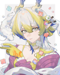 1girl absurdres arknights bare_shoulders blonde_hair border breasts choker cleavage closed_mouth colored_extremities cup dragon dragon_girl dragon_horns drink earrings eastern_dragon frills fruit_earrings grey_background grey_eyes grey_hair highres holding holding_drink horns jewelry lihua_(azhen) long_hair long_sleeves looking_at_viewer medium_breasts multicolored_hair official_alternate_costume outside_border pointy_ears purple_hair sakazuki shu_(arknights) shu_(spring_feast)_(arknights) smile solo spaghetti_strap upper_body white_border yellow_choker