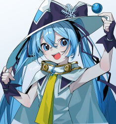 Rule 34 | 1girl, absurdres, adjusting clothes, adjusting headwear, armpits, artist name, blue eyes, blue hair, bow, cloak, commentary, fingerless gloves, gloves, gold trim, hair ribbon, hat, hat bow, hat ornament, hatsune miku, highres, large hat, long hair, looking at viewer, myuga66666, neckerchief, open mouth, purple bow, purple gloves, purple ribbon, ribbon, shirt, sleeveless, sleeveless shirt, smile, snowflake hat ornament, solo, treble clef, twintails, upper body, very long hair, vocaloid, white background, white cloak, white hat, white shirt, witch hat, yellow neckerchief, yuki miku, yuki miku (2014)