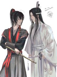 Rule 34 | 2boys, absurdres, ahoge, arm wrap, black hair, black hanfu, chinese clothes, closed mouth, crossed arms, dizi, doodle inset, eye contact, flute, grey eyes, hair between eyes, hair ribbon, hanfu, headband, high ponytail, highres, holding, holding flute, holding instrument, holding sword, holding weapon, instrument, lan wangji, long hair, long sleeves, looking at another, male focus, modao zushi, multiple boys, ojisan rbt, ponytail, red ribbon, red sash, ribbon, robe, sash, sidelocks, simple background, smile, standing, sword, sword tassel, tassel, topknot, transverse flute, twitter username, watermark, weapon, wei wuxian, white background, white hanfu, white headband, wide sleeves, xiao guan (headdress), yaoi, yaopei, yellow eyes