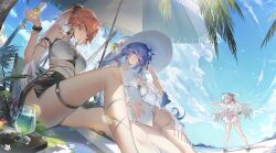 3girls absurdres alternate_costume bare_shoulders beach beach_umbrella black_bow black_skirt blue_eyes blue_flower blue_sky body_markings bow bracelet braid breasts cantarella_(wuthering_waves) carlotta_(wuthering_waves) casual_one-piece_swimsuit changli_(wuthering_waves) clothing_cutout colored_inner_hair commentary_request cup day drinking_glass earrings eyewear_on_head flower food fruit hair_between_eyes hair_bow hair_extensions hair_flower hair_ornament hand_up hat highres hisiya_(wldn1112) holding holding_cup jewelry knee_up large_breasts lemon lemon_slice long_hair looking_at_another looking_at_viewer multicolored_hair multiple_girls navel o-ring o-ring_thigh_strap official_art one-piece_swimsuit outdoors parted_lips pink_hair ponytail purple_hair ring_hair_extensions sitting skirt sky smile stomach_cutout sunglasses swimsuit thigh_strap thighs twin_braids two-tone_hair umbrella very_long_hair white_hair white_hat white_one-piece_swimsuit wuthering_waves yellow_eyes