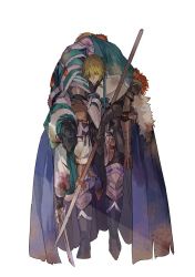 1girl 3boys a082 armor black_footwear black_hair blonde_hair blood blood_on_clothes boots capelet carrying carrying_over_shoulder carrying_under_arm cloak commentary dimitri_alexandre_blaiddyd dimitri_alexandre_blaiddyd_(timeskip) eyepatch felix_hugo_fraldarius felix_hugo_fraldarius_(timeskip) fire_emblem fire_emblem:_three_houses full_body fur_trim gauntlets ingrid_brandl_galatea ingrid_brandl_galatea_(timeskip) injury knee_boots lance long_sleeves manly multiple_boys nintendo orange_hair polearm short_hair simple_background sword sylvain_jose_gautier sylvain_jose_gautier_(timeskip) topknot weapon white_background