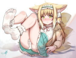 1girl animal_ear_fluff animal_ears ankle_garter aqua_hairband aqua_skirt arknights ass bare_legs blonde_hair blush boppin brown_cardigan cameltoe cardigan closed_mouth collared_shirt feet female_focus fox_ears fox_girl fox_tail frilled_hairband frilled_skirt frills full_body hairband highres legs legs_up loli long_hair looking_at_viewer lying multiple_tails no_shoes nose_blush official_alternate_costume panties see-through_clothes see-through_legwear shirt sidelocks signature skirt socks soles solo spread_toes suzuran_(arknights) tail toes underwear white_panties white_shirt white_socks yellow_eyes