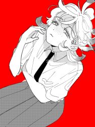 Rule 34 | 1girl, :3, blunt ends, breast pocket, closed mouth, collared shirt, commentary, dos i2525, freckles, from above, futsuu no keion-bu, greyscale with colored background, hand up, highres, medium hair, messy hair, necktie, pleated skirt, pocket, red background, school uniform, screentones, shirt, simple background, sitting, skirt, solo, tsuru asaka