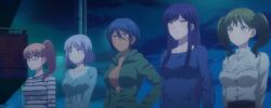 5girls anime_screenshot breasts chiyoda_ririka cleavage closed_mouth dark-skinned_female dark_skin glasses highres large_breasts long_hair megami_no_cafe_terrace multiple_girls no_bra ponytail smile souya_moemi standing stitched takasaki_mao third-party_edit twintails valentina_azuma yoshino_hekiru