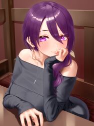 1girl absurdres breasts cup dress earrings highres jewelry large_breasts low_side_ponytail medium_hair menchi_rishio necklace off-shoulder_dress off_shoulder purple_eyes purple_hair smile solo solo_focus triangle_earrings tsurugi_ryoka umamusume