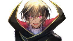 1boy :d black_cape brown_hair cape code_geass geass heterochromia highres lelouch_vi_britannia looking_at_viewer male_focus open_mouth pink_eyes red_eyes short_hair simple_background smile solo sumi_otto vocaloid white_background