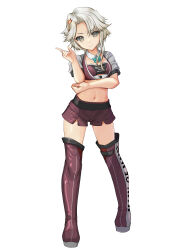 Rule 34 | 1girl, absurdres, akishimo (kancolle), aqua-framed eyewear, aqua bow, aqua bowtie, asymmetrical hair, bad source, bandeau, bow, bowtie, braid, brown hair, clothes writing, commentary request, cowboy shot, cropped jacket, detached collar, gradient hair, grey eyes, grey hair, hair ornament, hair ribbon, hand on own elbow, highres, index finger raised, jacket, kantai collection, leaf hair ornament, looking at viewer, midriff, multicolored hair, navel, purple bandeau, purple shorts, purple thighhighs, race queen, ribbon, short hair, short hair with long locks, shorts, simple background, solo, standing, thighhighs, white background, white jacket, white ribbon, yashin (yasinz)