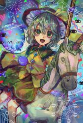 1girl :d balloon black_hat blouse blush bow buttons carousel diamond_button dna english_text feet_out_of_frame fish frilled_hat frilled_shirt_collar frilled_skirt frilled_sleeves frills green_eyes green_hair green_skirt hat hat_bow heart highres koishi_day komeiji_koishi long_sleeves looking_at_viewer nek0magur0 open_mouth reins shirt sidesaddle sitting skirt smile solo third_eye touhou unicorn wide_sleeves yellow_bow yellow_shirt