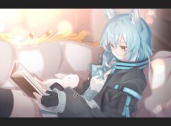 1girl animal animal_ear_fluff animal_ears black_gloves black_jacket black_thighhighs blue_hair blurry blurry_background book breasts brown_eyes cat_ears cat_girl closed_mouth couch depth_of_field dress fingerless_gloves glasses gloves hair_between_eyes highres holding holding_book indie_virtual_youtuber indoors jacket letterboxed long_hair long_sleeves multicolored_hair on_couch open_book open_clothes open_jacket partially_fingerless_gloves puffy_long_sleeves puffy_sleeves rabbit reading round_eyewear satoh_vrc sitting sleeves_past_wrists small_breasts solo thighhighs white_dress yellow_eyes