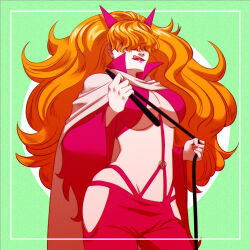 1girl breasts cape circle cleavage cowboy_shot green_background hair_over_one_eye highres holding holding_whip long_hair long_sleeves o-ring one_piece orange_hair pants pink_pants sadi-chan simple_background smile solo tongue tongue_out tsukizawr wide_sleeves