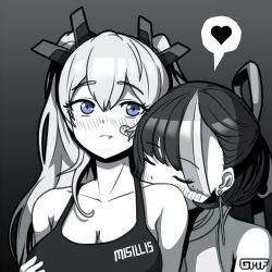 2girls alternate_breast_size artist_name bandaid bandaid_on_cheek bandaid_on_face blue_eyes blush breasts cleavage closed_eyes collarbone commentary_request earrings eyes_visible_through_hair fang gmf_(0gmf0) goddess_of_victory:_nikke grabbing_another&#039;s_breast grabbing_from_behind gradient_background greyscale groping hair_ribbon heart highres jewelry korean_commentary laplace_(nikke) large_breasts mole mole_under_eye monochrome multicolored_hair multiple_girls ribbon spoken_heart spot_color streaked_hair stream syuen_(nikke) triangle_earrings twintails yuri