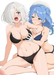 2girls bikini black_bikini blue_bikini blue_eyes blue_hair braid braided_bun collarbone commentary_request double_bun gloves grabbing_another&#039;s_breast grey_hair groping hair_bun hair_ornament hair_over_one_eye hairclip hamakaze_(kancolle) hand_under_clothes hat highres ichikawa_feesu kantai_collection long_hair looking_at_another medium_hair multiple_girls navel o-ring o-ring_top open_mouth simple_background swimsuit thighs urakaze_(kancolle) white_background white_gloves white_hat yuri