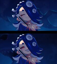 1girl ^_^ blue_hair blue_shawl bubble closed_eyes closed_mouth earrings eyelashes eyeshadow folded_fan folding_fan hair_over_one_eye hairband hand_fan highres holding holding_fan jewelry long_hair makeup multiple_earrings multiple_views nintendo octoling red_eyes red_eyeshadow ribonhaato shark sharp_teeth shawl shiver_(deep_cut_outfit)_(splatoon) shiver_(splatoon) short_eyebrows smile splatoon_(series) splatoon_3 teeth tentacle_hair thick_eyebrows tooth_earrings white_hairband