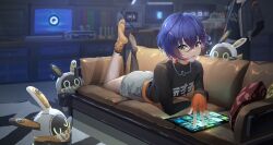 Rule 34 | 1boy, 1girl, absurdres, bangboo (zenless zone zero), belle (zenless zone zero), black shirt, black thighhighs, blue hair, clothes writing, commentary, couch, eous (zenless zone zero), fingerless gloves, gloves, grey jacket, hair between eyes, hair ornament, hand in pocket, highres, indoors, jacket, jelmul, letter hair ornament, long sleeves, looking at viewer, lying, on couch, on stomach, open mouth, orange gloves, orange socks, shirt, short hair, single sock, single thighhigh, smile, socks, soles, solo focus, tablet pc, television, thighhighs, wise (zenless zone zero), zenless zone zero
