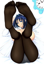 1girl absurdres blue_eyes blue_hair breasts feet highres hololive large_breasts legs_up looking_at_viewer lying medium_hair on_back ouro_kronii panties panties_under_pantyhose pantyhose parted_lips soles toes tsuki_riven underwear