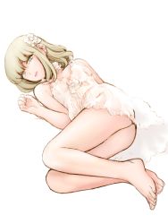 Rule 34 | 1boy, bare legs, barefoot, blonde hair, blue eyes, choker, crossdressing, crossdressing (mtf), dress, ear piercing, earrings, flower, frilled choker, frilled dress, frills, hair flower, hair ornament, jewelry, lying, male focus, medium hair, on side, original, piercing, seira (yuki touko), solo, trap, white dress, yuki touko