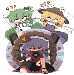 3girls :d autumn_leaves bare_shoulders black_skirt blonde_hair blush_stickers brown_hat c: closed_eyes closed_mouth collared_shirt cup detached_sleeves facing_viewer frog_hair_ornament gohei green_hair hair_ornament hair_ribbon hair_tubes happy hat holding holding_gohei kneeling kochiya_sanae kuuinusuki leaf long_hair long_sleeves medium_hair mirror moriya_suwako multiple_girls open_mouth purple_hair purple_skirt purple_vest pyonta red_shirt ribbon rope sakazuki sandals shide shimenawa shirt sidelocks simple_background single_hair_tube single_sidelock skirt sleeve_ribbon sleeveless sleeveless_shirt smile snake_hair_ornament touhou vest waving_arms white_background white_shirt wide_sleeves yasaka_kanako