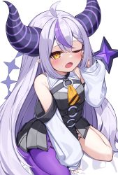 1girl absurdres ahoge blush braid deaver demon_girl demon_horns fangs hair_between_eyes highres hololive horns la+_darknesss long_hair long_sleeves multicolored_hair off_shoulder open_mouth pointy_ears purple_hair sleeves_past_fingers sleeves_past_wrists solo streaked_hair striped_horns very_long_hair virtual_youtuber yellow_eyes