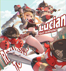 1girl absurdres baseball_bat black_jacket black_shirt boar combat_helmet crop_top fur-trimmed_shorts fur_trim helmet highres holding holding_baseball_bat holding_weapon jacket luciana_de_montefio mask mask_around_neck metal_baseball_bat micro_shorts pickelhaube shirt shorts sue_yanagi-san thighs weapon zenless_zone_zero
