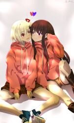2girls absurdres black_hair blonde_hair blue_shoes blush boots brown_boots brown_shorts cheek-to-cheek commentary_request couple grey_background hair_ribbon heads_together heart highres hood hood_down hoodie inoue_takina long_hair long_sleeves lycoris_recoil multiple_girls nishikigi_chisato one_side_up pink_hoodie purple_eyes red_eyes red_ribbon ribbon sengoku_chidori shoes short_hair shorts sidelocks simple_background sitting