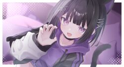 1girl :d alternate_costume animal_ears black_choker black_hair black_hoodie black_jacket cat_ears cat_girl cat_tail choker claw_pose collarbone colored_inner_hair cropped_hoodie fang hair_ornament hairclip hand_up highres hood hood_down hoodie jacket lime_(vrchat) long_sleeves looking_at_viewer multicolored_hair open_clothes open_jacket open_mouth purple_eyes purple_hair purple_hoodie purple_jacket satoh_vrc short_hair smile solo tail upper_body vrchat x_hair_ornament