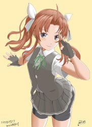 1girl ahoge blush brown_hair dated fingerless_gloves gloves green_ribbon hair_ribbon kagerou_(kancolle) kagerou_kai_ni_(kancolle) kantai_collection long_hair looking_at_viewer neck_ribbon purple_eyes ribbon school_uniform shirt short_sleeves shorts signature skirt smile solo twintails vest wanramiru white_ribbon white_shirt yellow_background