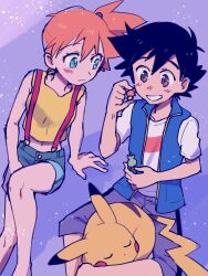 1boy 1girl ash_ketchum asymmetrical_hair blush breasts creatures_(company) denim denim_shorts game_freak gen_1_pokemon green_eyes green_shorts gym_leader hair_tie highres legs misty_(pokemon) nintendo ochappa orange_hair pikachu pokemon pokemon_(anime) pokemon_journeys ponytail shirt short_hair short_shorts shorts side_ponytail simple_background small_breasts smile suspender_shorts suspenders tank_top yellow_shirt