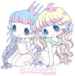 Rule 34 | 2girls, blue hair, bow, breasts, deformed, eyelashes, eyeshadow, hair bow, long hair, looking at viewer, makeup, multiple girls, nipples, original, pale skin, panties, sekiya yurie, shirt, simple background, small breasts, smile, sparkling eyes, striped clothes, striped panties, tareme, underwear