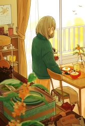 1girl balcony blue_shirt blurry blurry_foreground calendar_(object) can chair closed_mouth coffee_beans coffee_mug cowboy_shot cup curtains day flower food fried_egg from_behind glass_door grey_eyes grey_hair grey_scarf highres indoors jar long_sleeves looking_down matsumine_(twin-mix) morning mug orange_flower orange_pants original pants plant profile railing saucer scarf shelf shirt simple_bird slice_of_life sliding_doors smile solo soup spoon teacup teapot vase