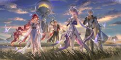 Rule 34 | 2boys, 2girls, absurdres, armlet, bare shoulders, blonde hair, blue eyes, body markings, book, breasts, bug, butterfly, castorice (honkai: star rail), chinese commentary, coat, commentary request, dress, gladiator sandals, gloves, hand up, highres, holding, holding book, honkai: star rail, honkai (series), insect, jewelry, long dress, long hair, medium breasts, multicolored hair, multiple boys, multiple girls, mydei (honkai: star rail), outdoors, phainon (honkai: star rail), pointy ears, purple butterfly, purple gloves, purple hair, red hair, sandals, short hair, single off shoulder, sleeveless, sleeveless dress, smile, strapless, strapless dress, streaked hair, toes, toned, toned male, tribios (honkai: star rail), very long hair, white coat, white dress, wind, xi liu