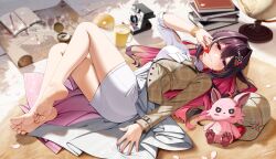 1girl ascot ass asymmetrical_dress asymmetrical_sleeves azki_(4th_costume)_(hololive) azki_(hololive) bare_legs barefoot baseball_cap black_hair blurry book book_stack bracelet braid breasts brown_dress casino_(casinoep) collared_dress colored_inner_hair compass cup depth_of_field double-parted_bangs dress feet fingernails flower_hairpin full_body globe hair_intakes half_up_half_down_braid hand_on_own_face hat highres hololive jewelry legs long_hair long_sleeves looking_at_viewer lying map mat mismatched_sleeves mole mole_under_eye mug multicolored_hair notebook on_back paid_reward_available pen pencil_skirt pile_of_books pink_hair pink_nails pioneer_(azki) plaid_clothes plaid_dress plaid_hat polaroid_camera purple_eyes shell showgirl_skirt skirt soles solo three-quarter_sleeves toenails toes two-tone_dress two-tone_hair virtual_youtuber white_ascot white_dress