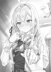 1boy 1girl absurdres ahoge alisa_mikhailovna_kujou averting_eyes blazer blush bow bowtie breasts buttons closed_mouth collared_shirt commentary_request cropped_jacket crossed_bangs double-breasted embarrassed greyscale hair_between_eyes hair_ribbon hand_up highres holding_hands indoors jacket kuze_masachika lapels long_hair long_sleeves looking_to_the_side momoko_(momopoco) monochrome notched_lapels novel_illustration official_art open_clothes open_jacket pov ribbon school_uniform second-party_source seiren_academy_school_uniform shirt solo_focus tokidoki_bosotto_roshia-go_de_dereru_tonari_no_alya-san upper_body wing_collar