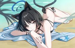 1girl absurdres animal_ears bikini black_eyes black_tail blue_archive blue_bikini blue_halo blue_tail cat_ears cat_girl cat_tail colored_inner_animal_ears gradient_tail halo highres kikyou_(blue_archive) kikyou_(swimsuit)_(blue_archive) multiple_tails official_alternate_costume rena_(rena_emc2) solo swimsuit tail two_tails