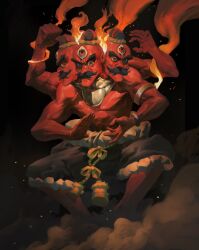 1boy armlet armor arms_up bald biceps black_background black_hair black_headwear black_shorts bracelet clenched_hand colored_skin dancing deltoids extra_arms extra_faces facial_hair fire flaming_head full_body furrowed_brow hieumay highres jewelry looking_at_viewer male_focus multiple_heads muscular muscular_male mustache nose open_hands original pectorals red_eyes red_skin ribbon sash shorts smoke solo thick_eyebrows thick_mustache third_eye topless_male white_sash