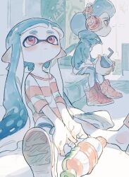 1boy 1girl afro blue_hair blue_jacket blue_leggings blue_shorts closed_mouth cup disposable_cup drinking_straw expressionless headphones high_tops holding holding_cup holding_weapon inkling inkling_girl inkling_player_character jacket leggings long_hair nintendo octoling octoling_boy octoling_player_character pale_skin pink_eyes pink_shirt pointy_ears red_eyes red_shoes shirt shoe_soles shoes shorts sitting sneakers splatoon_(series) splattershot_(splatoon) striped_clothes striped_shirt taroji tentacle_hair two-tone_shirt weapon white_shirt