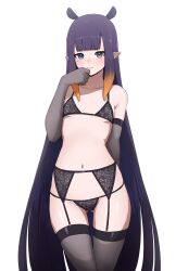 1girl absurdres alternate_costume armpit_crease black_bra black_gloves black_panties black_thighhighs blunt_bangs bra collarbone commentary cowboy_shot daydarion elbow_gloves flat_chest garter_belt garter_straps gloves gluteal_fold gradient_hair groin hand_up hands_on_own_cheeks hands_on_own_face highres hololive hololive_english lace lace_bra lace_garter_belt lace_panties light_blush light_smile lingerie long_hair looking_at_viewer mole mole_under_eye multicolored_hair navel ninomae_ina&#039;nis orange_hair panties pointy_ears purple_eyes purple_hair sidelocks simple_background solo standing stomach thigh_gap thigh_strap thighhighs underwear underwear_only very_long_hair virtual_youtuber white_background
