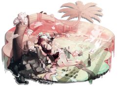 Rule 34 | 1girl, alternate costume, animal ears, arknights, beach, bikini, black bikini, bottle, brown hair, cow ears, cow girl, cow horns, cow tail, flower, grey eyes, hair flower, hair ornament, horns, looking at viewer, official style, pallas (arknights), palm tree, ribiadan, sand, short hair, solo, swimsuit, tail, tail flower, tail ornament, tree, water, white flower