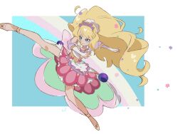 Rule 34 | 1girl, anklet, apron, back bow, bare legs, bare shoulders, big hair, blonde hair, blue background, blue eyes, blueberry, border, bow, bow apron, bridal gauntlets, brooch, closed mouth, clothing cutout, collar, cross-laced clothes, cross-laced top, cure finale, delicious party precure, detached collar, determined, eyelashes, floating clothes, floating hair, food, food-themed clothes, food print, frilled footwear, fruit, fruit print, full body, green bow, hair ornament, hairband, hat ornament, heart, heart brooch, heart hat ornament, highres, jewelry, kasai amane, kicking, large bow, long hair, long sleeves, looking ahead, magical girl, miniskirt, outside border, outstretched leg, petticoat, pink bow, pink skirt, precure, puffy long sleeves, puffy sleeves, purple brooch, purple sleeves, purple tiara, rainbow, ring, shipu (gassyumaron), shirt, shoes, shoulder cutout, signature, skirt, smirk, solo, star (symbol), star hair ornament, strawberry print, swept bangs, three-quarter sleeves, tiara, train (clothing), tsurime, v-shaped eyebrows, very long hair, waist apron, wavy hair, white apron, white border, white bridal gauntlets, white collar, white hairband, white shirt, yellow shoes