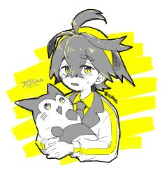 1boy 24x24 blush character_name collared_shirt cropped_torso crossed_bangs furret gen_2_pokemon hair_between_eyes hairband jacket kieran_(pokemon) limited_palette long_sleeves looking_at_viewer male_focus nintendo no_mole open_mouth pokemon pokemon_(creature) pokemon_sv shirt simple_background sweat translation_request upper_body