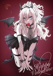 Rule 34 | 1girl, blue eyes, blush, braid, breasts, cleavage, demon horns, demon tail, demon wings, fate/grand order, fate (series), fishnet thighhighs, fishnets, genmai (crowcrowclown), gothic lolita, happy valentine, heart, highres, horns, kriemhild (fate), kriemhild (love delusion) (fate), large breasts, lolita fashion, long hair, mole, nail polish, skirt, tail, thighhighs, white hair, wings