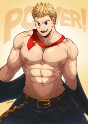 1boy abs absurdres adam&#039;s_apple bara belt biceps blonde_hair blue_eyes boku_no_hero_academia bulging_veins cowboy_shot english_text groin highres kuroshinki large_pectorals looking_at_viewer male_focus muscular muscular_male necktie nipples obliques pectorals red_necktie school_uniform short_hair smile solo text_background togata_mirio topless_male twitter_username u.a._school_uniform undercut undressing veins veiny_arms watermark