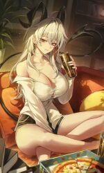 1girl absurdres ahoge alternate_costume black_horns black_shorts black_tail breasts can closed_mouth collarbone commentary crossed_legs curled_horns demon_tail dolphin_shorts drink_can earrings food grey_hair hair_intakes highres holding holding_can horns indoors jewelry key_earrings large_breasts long_hair looking_at_viewer meoyo mole mole_on_breast mole_under_eye multicolored_hair on_chair pineapple_on_pizza pizza red_eyes shirt shorts single_off_shoulder sitting smile solo streaked_hair tail white_shirt wuthering_waves zani_(wuthering_waves)